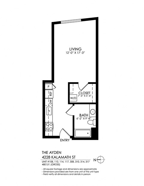 Floor plan for studio, 1 bath, 480 sqft